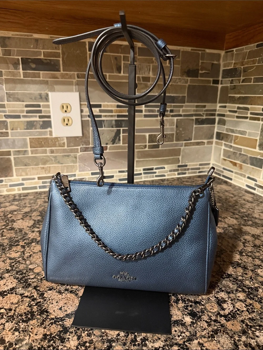 Coach EUC Pebbled Carrie Leather crossbody metallic blue